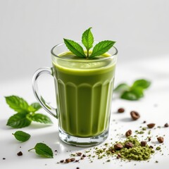 luxury style matcha drink in a crystal tumbler, garnished with mint leaf