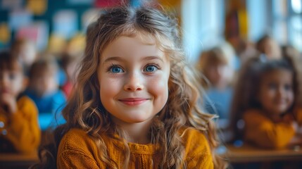 Fototapeta premium Cheerful Girl Sharing Stories with Classmates in Vibrant Classroom