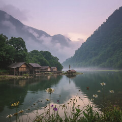 Misty dawn on Dibang River in Anini, with stilted wooden huts, forested hills, wildflowers, and glassy reflections—evoking solitude and pristine wilderness in soft golden light.