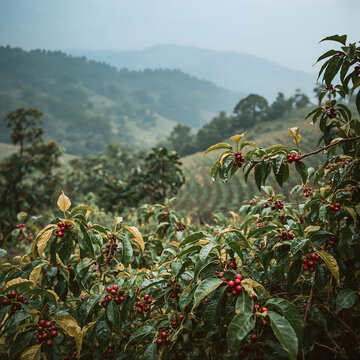 Terraced coffee plantations in Araku Valley, Andhra Pradesh, with morning dew, red coffee cherries, soft mountain mist, and layered forest background in sharp, model-safe detail.