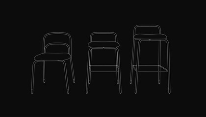 Three minimalist stools in a triangular arrangement feature varied line weights for visual interest. The tallest stool stands centrally, flanked by two smaller ones on a black background.