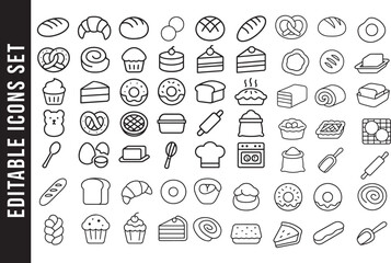 An Editable Set of Black and White Line Art Icons for Bakery, Pastry, and Bread