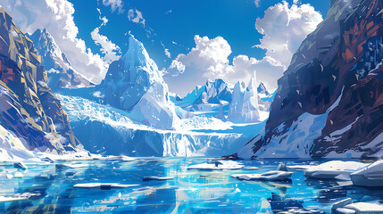 Majestic icy mountains surround a serene glacial lake under a bright, cloud-filled blue sky, offering a stunning panorama of natural beauty.