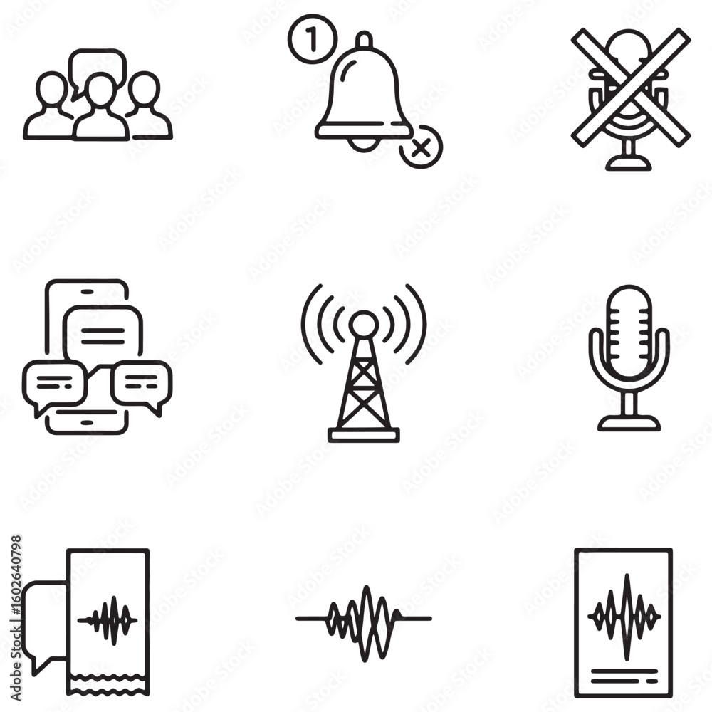 Poster set of simple communication icons depicting messaging notifications and broadcasting symbols