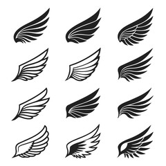 Obraz premium Twelve Stylized Minimalist Black and White Wings Set