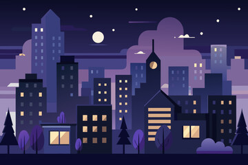 Captivating modern cityscape illustration at night, featuring illuminated skyscrapers and stylized trees under a starry sky, evoking urban tranquility and modern living.