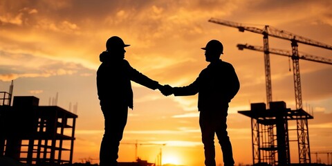 Silhouetted figures shake hands at sunset construction site, signifying trust and partnership,  photography,  stock photo