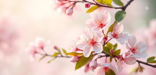 Soft pastel spring background, delicate blossom flowers and leaves in misty smoke, glistening dew drops,  spring illustration,  design