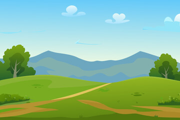 Fototapeta premium Cartoon landscape with green hills mountains trees and a blue sky with clouds