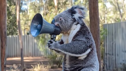A cheerful koala with a wide smile holds a megaphone, ready to communicate its important message.