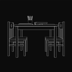 A black and white contour drawing of a table and two chairs, set in a kids' room with simple decor. A few objects rest on the table, creating a minimalist scene.