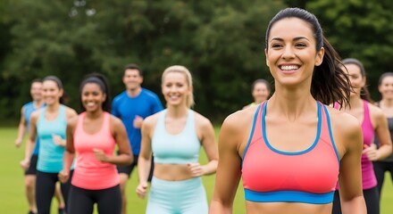 Diverse group of people enjoying a healthy outdoor run together on a sunny day