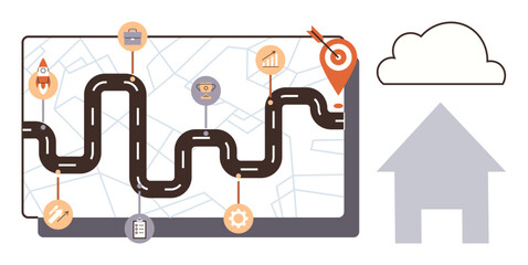 Road stretching across a digital map with icons for tasks, milestones, and goal marker. Ideal for planning, strategy, business growth, navigation, progress tracking, project management simple flat