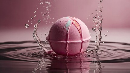 A vibrant pink bath bomb splashes in water, creating a refreshing and calming scene.