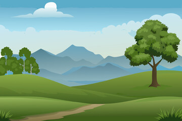 Serene Green Landscape with Rolling Hills Trees Mountains and a Bright Blue Sky Illustration
