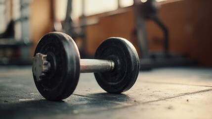 High quality photo of dumbbell Resting on Gym Floor Ready for Workout.