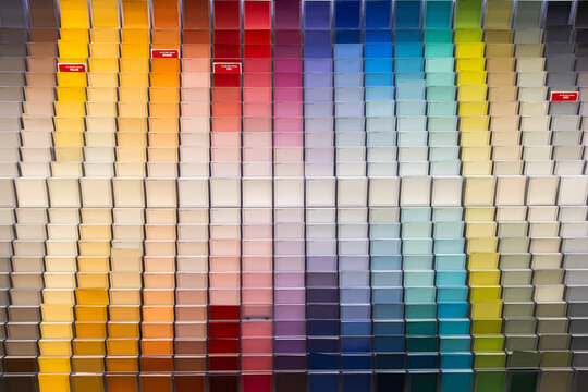 colourful paint sample wall at a hardware store