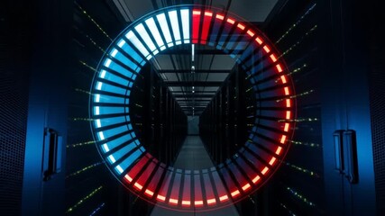 Data Center Server Room with Circular Loading Bar Animation, Network Performance Visualization - Powered by Adobe