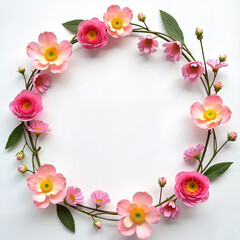 Pink floral wreath with blooming flowers on white background  