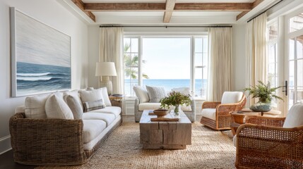 This sun-drenched room features rattan and jute textures, with airy windows revealing ocean views and coastal art bringing in a nautical vibe.