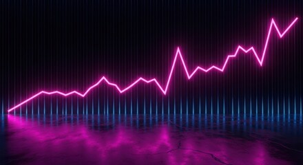 Vibrant neon pink line graph illustrates upward trend against dark background with reflective surface