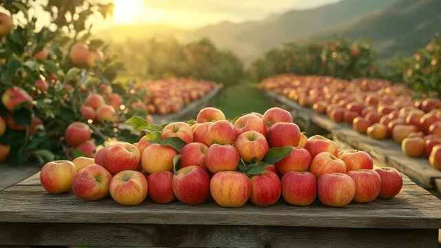 Fresh red apples with green leaf stacked on wooden table in orchard during golden hour harvest, farm agriculture fruit surrounded by mountain background creating warm peaceful atmosphere