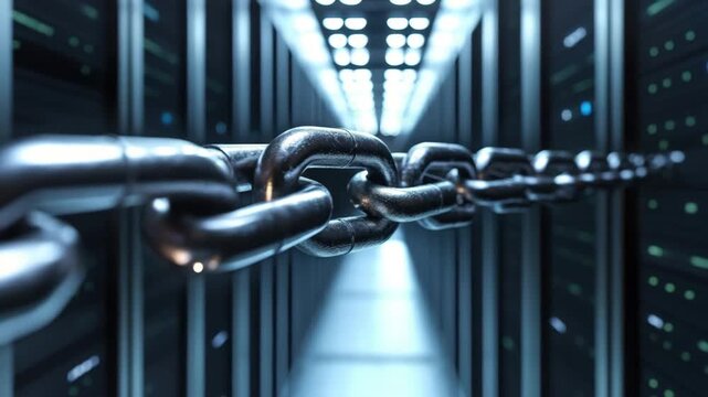 Close up metal chain link in data center corridor with server racks symbolizing security connection technology network and modern metal link for secure data center server environment