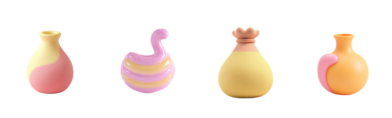 Colorful vases arranged in studio setting. Ceramic art, handcrafted design, decorative objects, vibrant colors, home decor, whimsical style