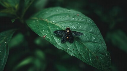 Naklejka premium Dark insect resting on a lush leaf.