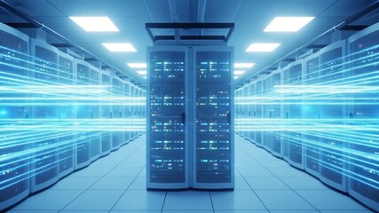 Data center server room with glowing data streams, network communication and processing - Powered by Adobe
