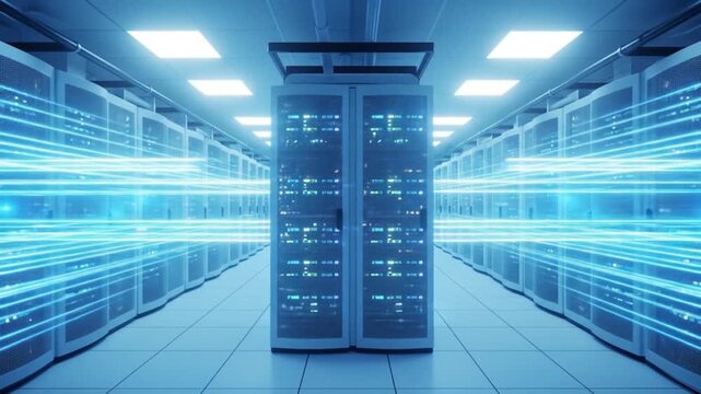 Data center server room with glowing data streams, network communication and processing - Powered by Adobe