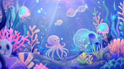Sparkle Reef: A Whimsical Luminescent Coral Landscape, Where Pastel Glows and Friendly Marine Creatures Delight Young Imaginations