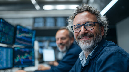 Zwei lächelnde Männer arbeiten gemeinsam vor Computerbildschirmen an der Börse 20050791 1