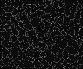 Obraz premium Small irregular stones form a textured black and white pattern with distinct contours. The monochrome background highlights the natural shapes and rough edges.