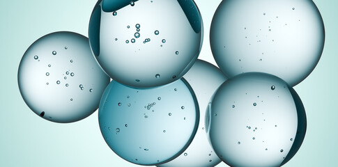 Cosmetics blue serum liquid bubbles 3d abstract background. Cosmetic moisturizer essence gel. Collagen fluid bubble molecule. Moisturizing cream or oil, beauty skin concept