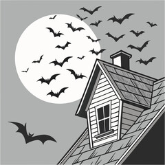 Bats flying around a house at night with a crescent moon and trees in a spooky halloween scene view