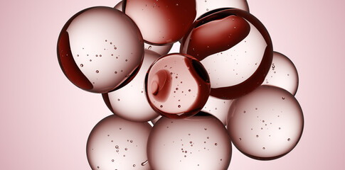 Cosmetics pink serum liquid bubbles 3d abstract background. Cosmetic moisturizer essence gel. Collagen fluid bubble molecule. Moisturizing cream or oil, beauty skin concept