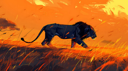 Majestic dark lion prowls through vibrant golden savanna grasses under a fiery orange sunset sky