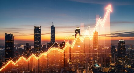 Futuristic financial growth a vibrant cityscape illuminated by an ascending stock market graph at sunset