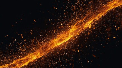 Dynamic stream of bright orange fire and sparks against a dark background, creating an intense and energetic atmosphere.