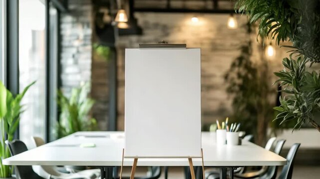 Blank flip chart on wooden tripod in modern office meeting room workspace with white table and office chair for presentation brainstorming and creative teamwork planning discussion
