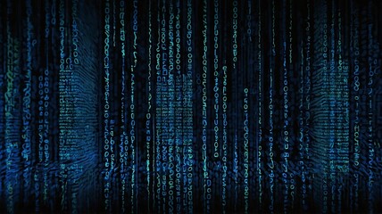 Abstract digital matrix wall with green and blue binary code streams.