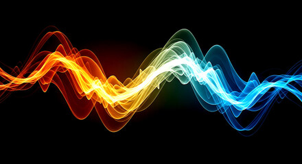 Abstract glowing wavy lines of fire and ice on black background wave light