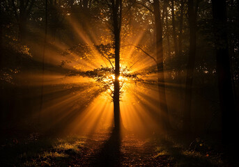 Glowing Tree with Golden Leaves Illuminated by Rays of Light in Dark Enchanted Forest, sunset, long shadows, warm orange light, silhouette of the forest, peaceful atmosphere