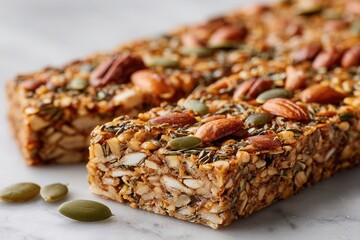 Close-up of nut and seed granola bars with pumpkin seeds and almonds.