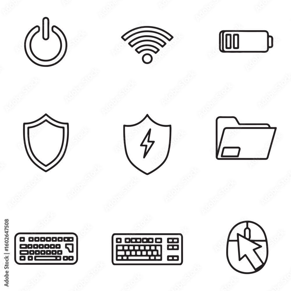 Poster simple set of nine outline icons representing modern computer and technology elements