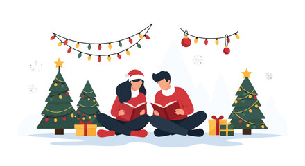 Couple reading a book together amidst Christmas decorations.