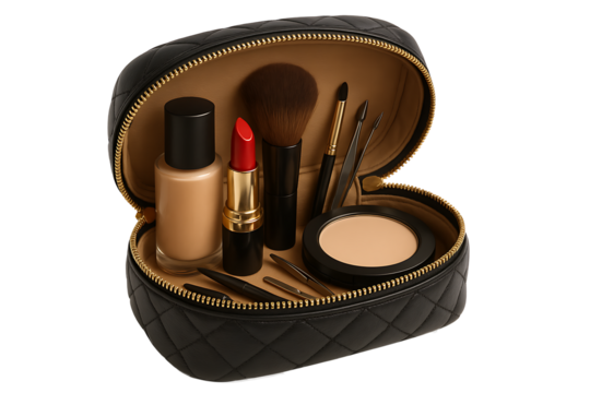"Luxury Black Quilted Makeup Bag with Assorted Cosmetics and Brushes on Transparent Background