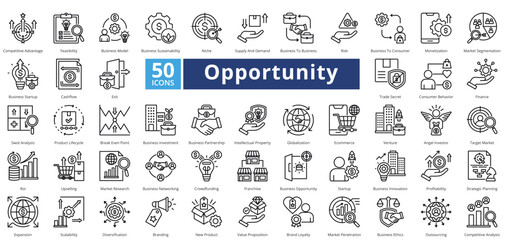 Opportunity icon set contains 50 icons including, business networking, crowdfunding, franchise, business opportunity, startup, business innovation, profitability, simple vector outline style