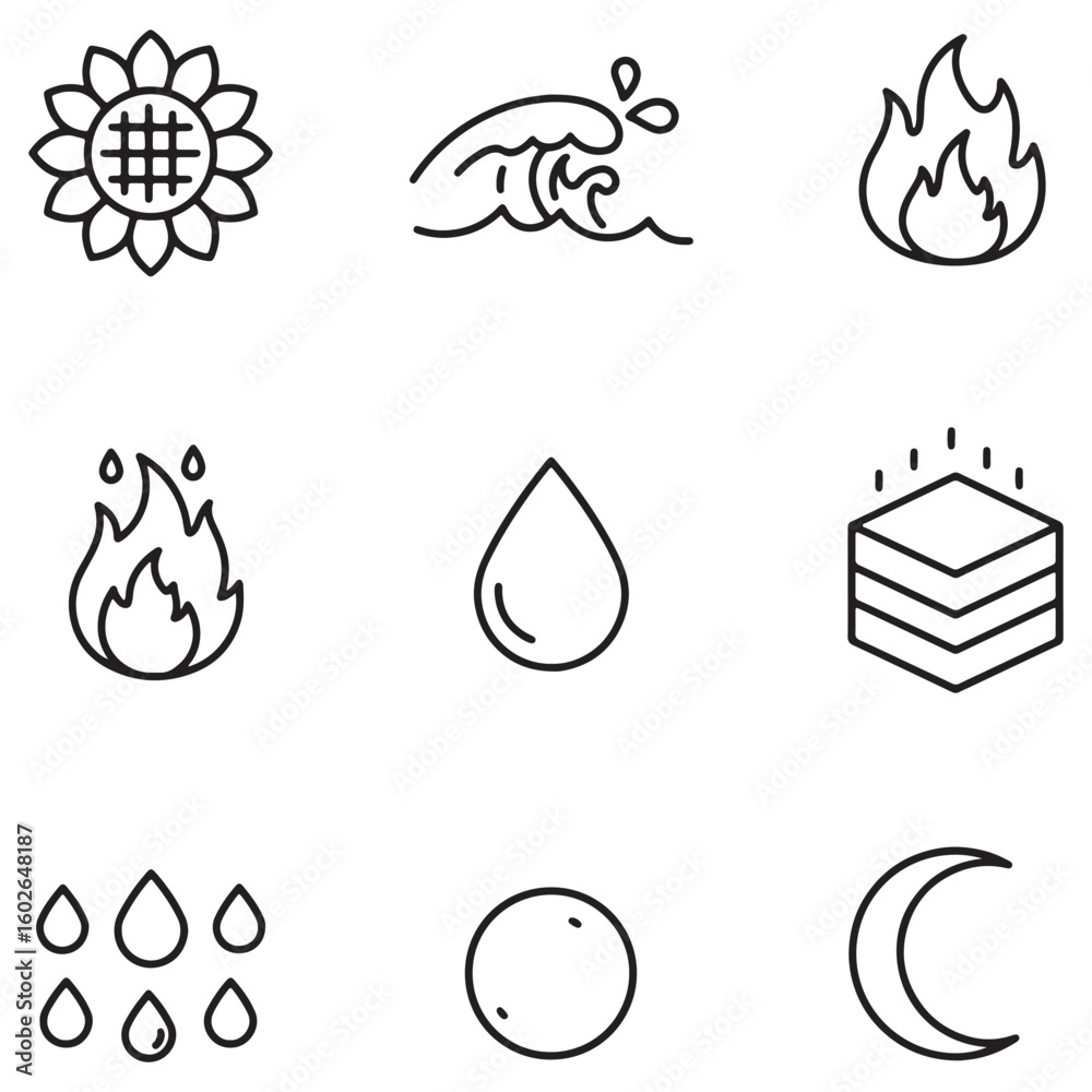 Poster simple vector icons representing earth elements and celestial bodies with minimalist style